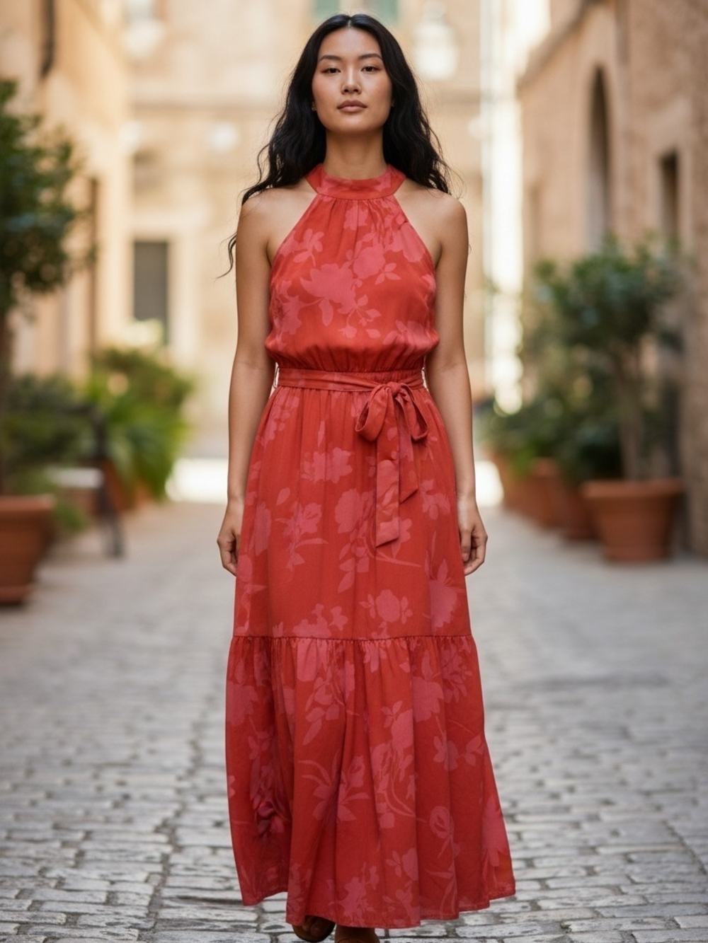 Sleeveless Red Floral Halter Maxi Dress Size M/L